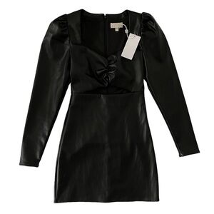 Torn Ronny Kobo Black Faux Leather Cut out puff shoulder mini dress vegan S